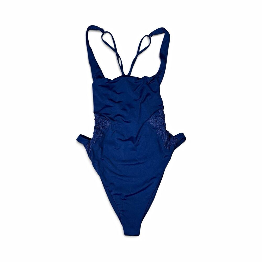 ale by Alessandra Blue Embroidered Lace Sides One-Piece Swimsuit Size M